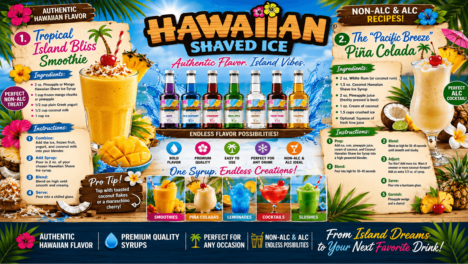 Hawaiian Shaved Ice recipe slide with smoothies, pina coladas, cocktails, and slushies